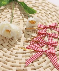 HIER_5146 50 Pcs | 3" Plaid Ribbon Bows With Twist Ties, Gift Basket Party Favor Bags Decor - Red/White Gingham Checkered Design Tabletop Decor