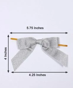 HIER_5146 50 Pcs | 4" Nylon Ribbon Bows With Twist Ties, Gift Basket Party Favor Bags Decor - Silver Glitter Design Tabletop Decor 12 HIER_5146 50 Pcs | 4