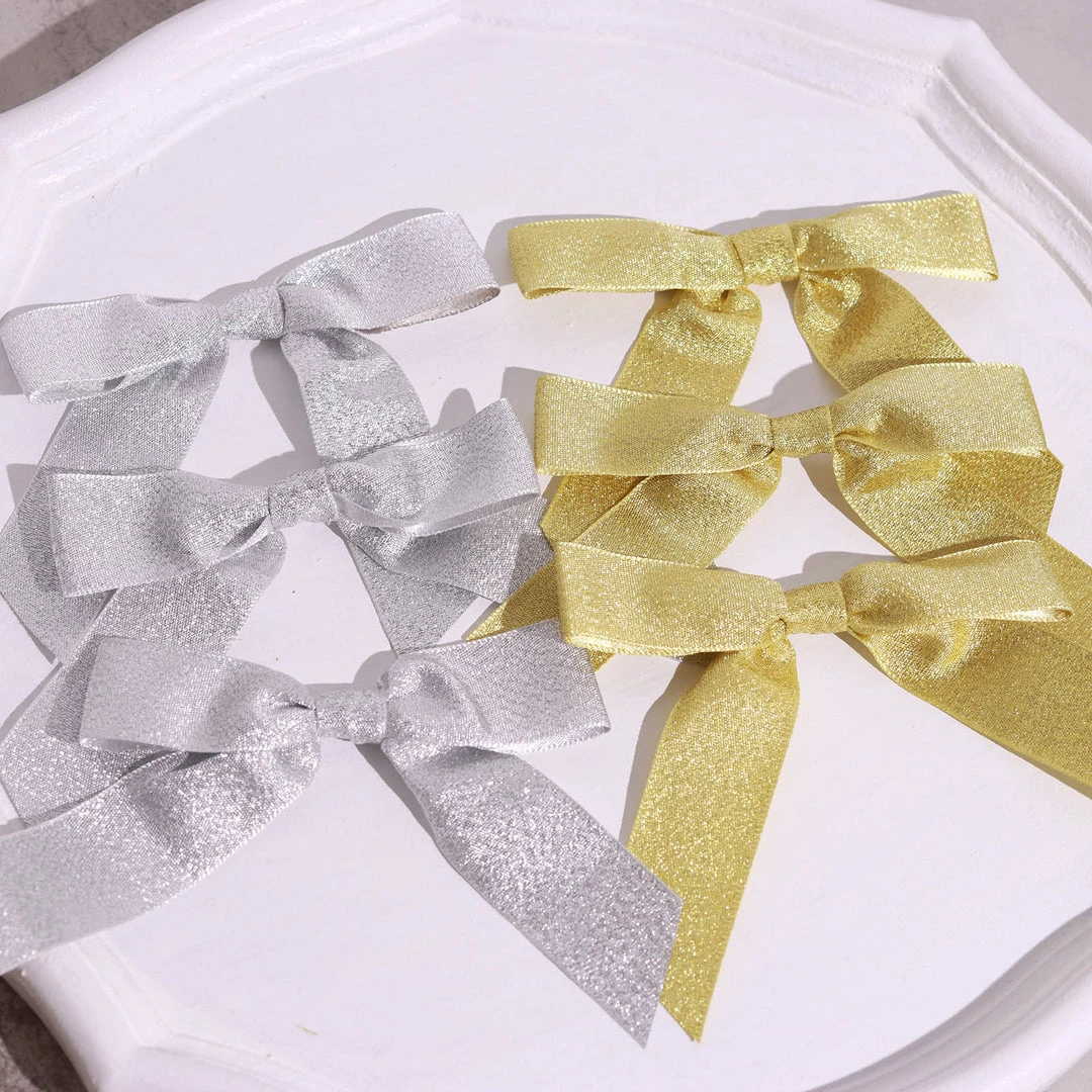 HIER_5146 50 Pcs | 4" Nylon Ribbon Bows With Twist Ties, Gift Basket Party Favor Bags Decor - Silver Glitter Design Tabletop Decor 8 HIER_5146 50 Pcs | 4" Nylon Ribbon Bows With Twist Ties, Gift Basket Party Favor Bags Decor - Silver Glitter Design Tabletop Decor