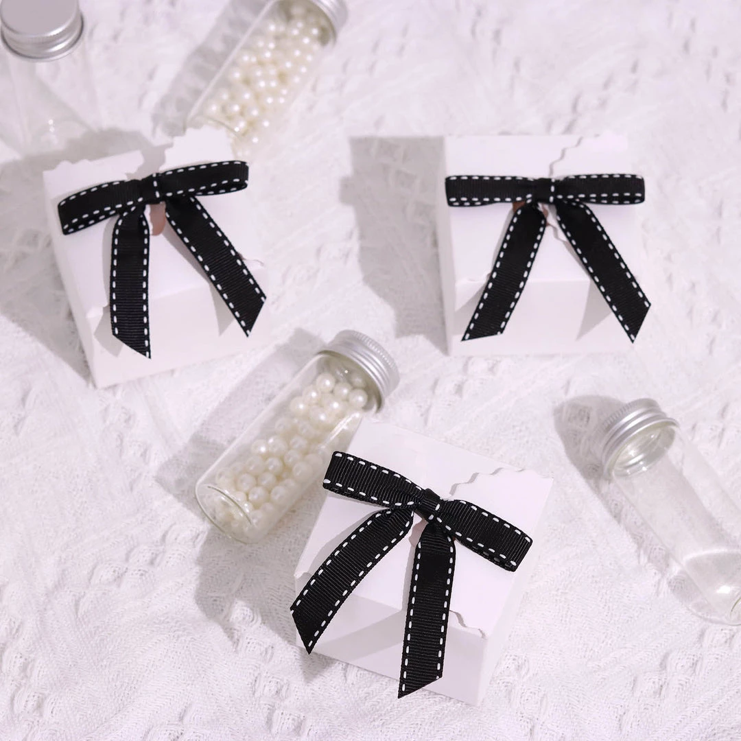 HIER_5146 50 Pcs | 3" Saddle Stitch Ribbon Bows With Twist Ties, Gift Basket Party Favor Bags Decor - Black/White Polyester 2 HIER_5146 50 Pcs | 3" Saddle Stitch Ribbon Bows With Twist Ties, Gift Basket Party Favor Bags Decor - Black/White Polyester
