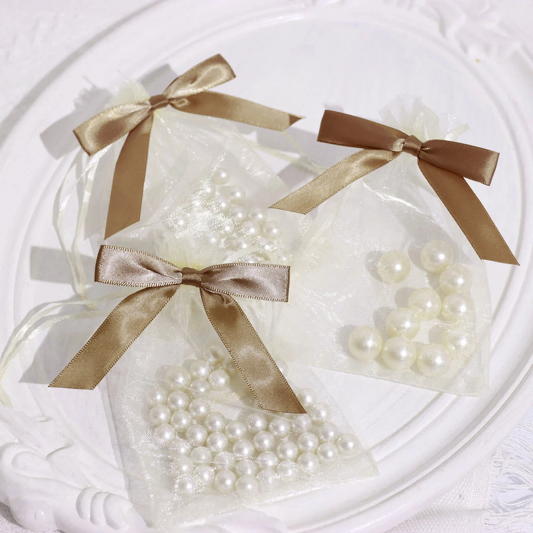 HIER_5146 Tabletop Decor 50 Pcs | 3" Satin Ribbon Bows With Twist Ties, Gift Basket Party Favor Bags Decor - Taupe Classic Style 2 HIER_5146 Tabletop Decor 50 Pcs | 3" Satin Ribbon Bows With Twist Ties, Gift Basket Party Favor Bags Decor - Taupe Classic Style