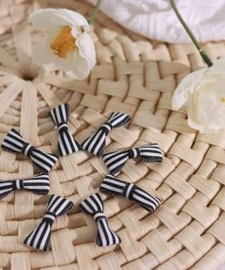HIER_5146 50 Pcs | 1.5" Black/White Stripe Pre Tied Ribbon Bows - Bow Tie For Party Favor Bags - Polyester 14 HIER_5146 50 Pcs | 1.5