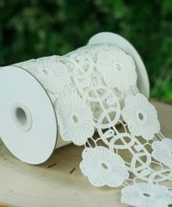 HIER_5140 5 Yards | White Crochet Lace Ribbon With Daisy Wheel Pattern - Clearance SALE