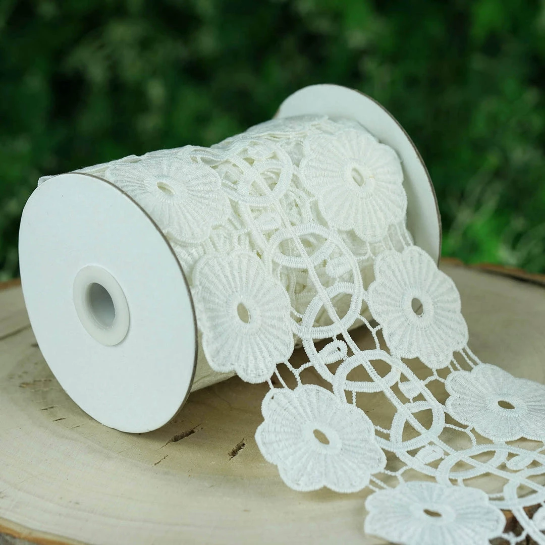 HIER_5140 5 Yards | White Crochet Lace Ribbon With Daisy Wheel Pattern - Clearance SALE 1 HIER_5140 5 Yards | White Crochet Lace Ribbon With Daisy Wheel Pattern - Clearance SALE