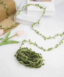 HIER_5144 32FT Natural Jute Twine With Green Leaves, Burlap Leaf Ribbon For DIY Craft Party Wedding Home Decor Artificial Flower & Plants