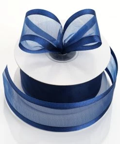 HIER_5141 25 Yards 1.5" Navy Blue Organza Ribbon With Satin Edges