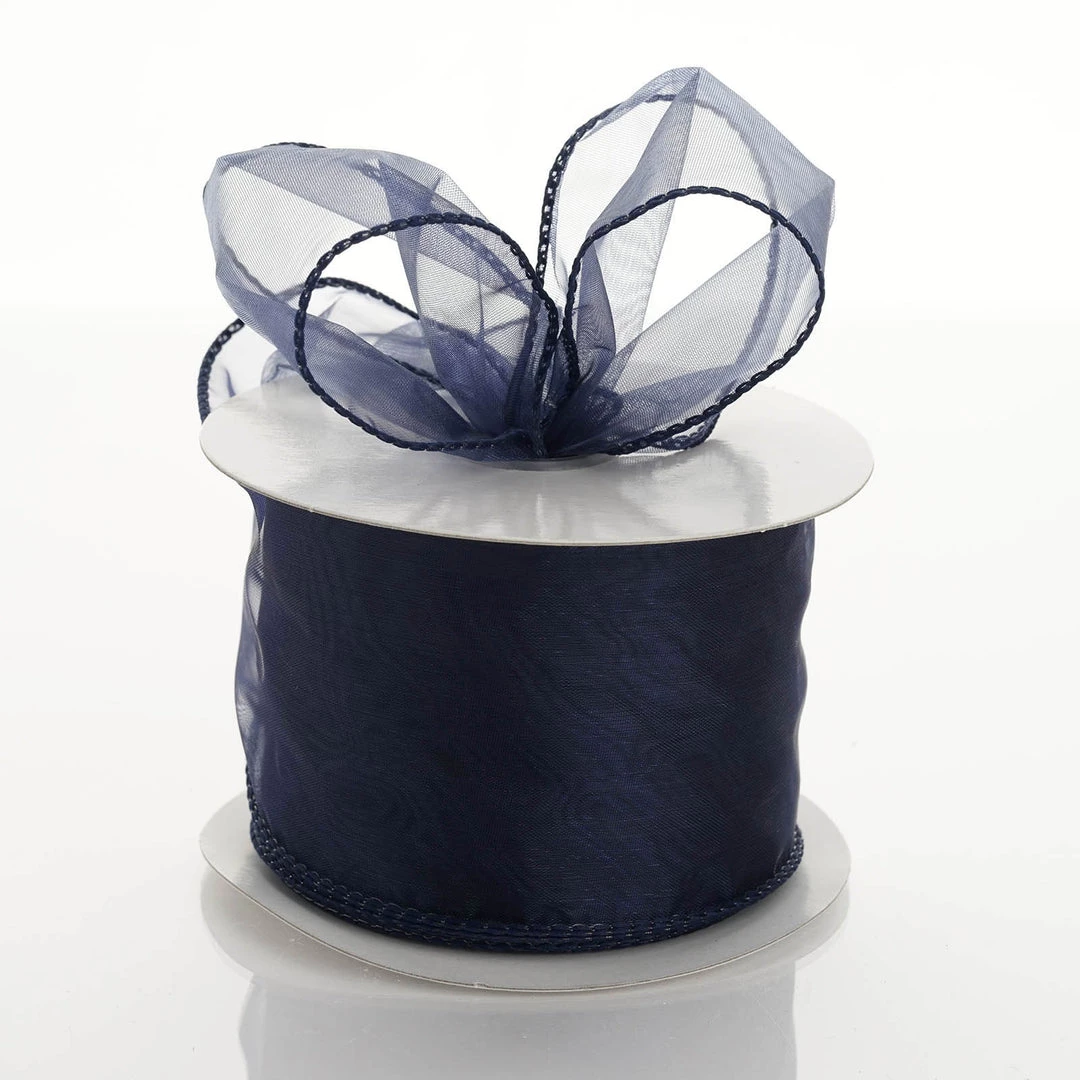 HIER_5141 10 Yards 2.5" Navy Blue Wired Edge Organza Ribbon 1 HIER_5141 10 Yards 2.5" Navy Blue Wired Edge Organza Ribbon