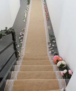 HIER_3900 Aisle Runners 30FT Natural Jute Burlap Aisle Runner With White Floral Lace Borders