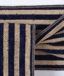 HIER_2140 Theme Décor Natural Tone Burlap Jute Chair Sash With Navy Blue Stripes | 6"x108"