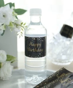 HIER_5150 24 Pack | Black/Gold Happy Birthday Party Water Bottle Labels, Waterproof Label Stickers