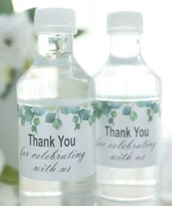 HIER_5150 Tabletop Decor 24 Pack | White & Green Leaves Thank You Party Water Bottle Labels, Waterproof Label Stickers