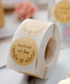 HIER_5150 500pcs | 1.5” Handmade With Love Olive Branch Stickers Roll, Labels Cookie & Bakery Box - Round Chargers & Centerpieces