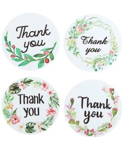 HIER_5150 Chargers & Centerpieces 500pcs | 1.5" Thank You Black Print & Floral Design Stickers Roll, DIY Envelope Seal Labels - Round Assorted Designs