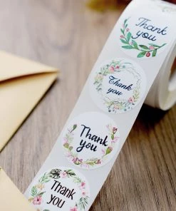 HIER_5150 Chargers & Centerpieces 500pcs | 1.5" Thank You Black Print & Floral Design Stickers Roll, DIY Envelope Seal Labels - Round Assorted Designs