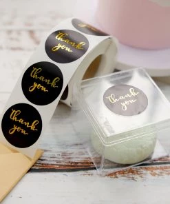 HIER_5150 500pcs | 1.5" Thank You Gold Foil Text On Black Stickers Roll Décor Labels & Seals For DIY Envelope - Round