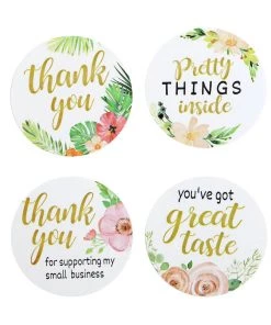 HIER_5150 Chargers & Centerpieces 500pcs | 1.5" Thank You Themed Assorted Text Floral Stickers Roll, Labels For DIY Envelope Seal - Round