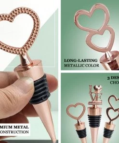 HIER_5340 Blush/Rose Gold Metal Studded Heart Wine Bottle Stopper Wedding Favor With Velvet Gift Box Tabletop Decor