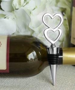 HIER_5340 Tabletop Decor Silver Metal Double Heart Wine Bottle Stopper Wedding Favor With Velvet Gift Box