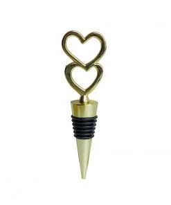 HIER_5340 Gold Metal Double Heart Wine Bottle Stopper Wedding Favor With Velvet Gift Box