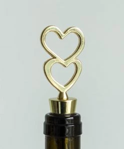 HIER_5340 Gold Metal Double Heart Wine Bottle Stopper Wedding Favor With Velvet Gift Box