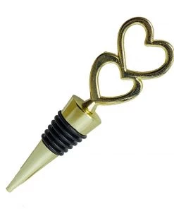 HIER_5340 Gold Metal Double Heart Wine Bottle Stopper Wedding Favor With Velvet Gift Box