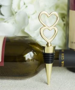 HIER_5340 Gold Metal Double Heart Wine Bottle Stopper Wedding Favor With Velvet Gift Box