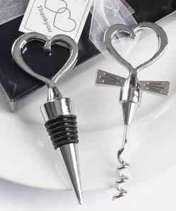 HIER_5340 Silver Metal Heart Wine Bottle Opener And Stopper Wedding Favor Set With Velvet Gift Box