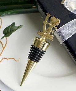 HIER_5350 Gold Metal Love Wine Bottle Stopper Wedding Favor With Velvet Gift Box
