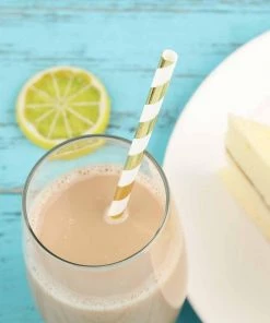 HIER_5460 25 Pack 8" White/Gold Striped Disposable Paper Straws Disposable Dinnerware