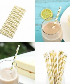 HIER_5460 25 Pack 8" White/Gold Striped Disposable Paper Straws Disposable Dinnerware