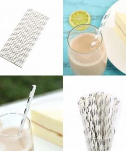 HIER_5460 Disposable Dinnerware 25 Pack 8" White/Silver Striped Disposable Paper Straws