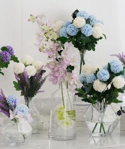 HIER_1100 4 Bushes | Baby Blue Artificial Silk Chrysanthemum Flowers, Faux Mums