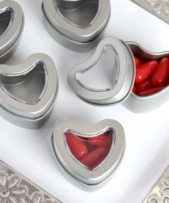 HIER_5320 10 Pack | Silver Heart Shaped Window Tin Favor Boxes Tabletop Decor