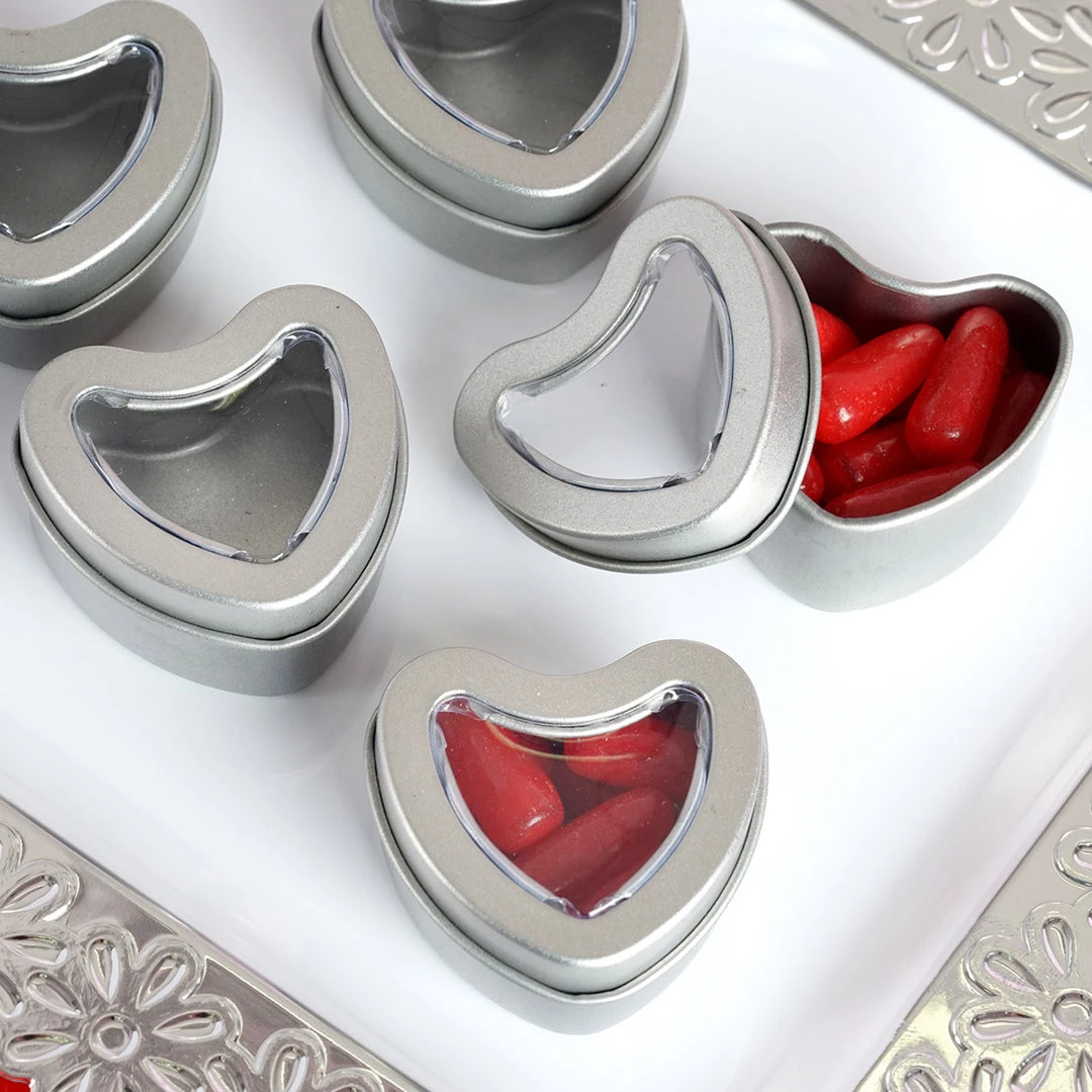 HIER_5320 10 Pack | Silver Heart Shaped Window Tin Favor Boxes Tabletop Decor 1 HIER_5320 10 Pack | Silver Heart Shaped Window Tin Favor Boxes Tabletop Decor
