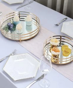HIER_4730 Set Of 2 | Gold Metal Round Mirror Vanity Serving Tray, Decorative Tray - 13" | 9"
