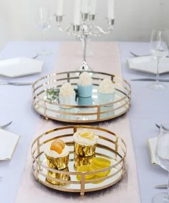 HIER_4730 Set Of 2 | Gold Metal Round Mirror Vanity Serving Tray, Decorative Tray - 13" | 9"