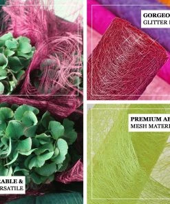 HIER_5220 19" | 5 Yards Fuchsia Glitter Deco Mesh Abaca Scrunch Roll | Wholesale Fabric Fabric Bolts & Bags