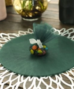 HIER_5220 Tabletop Decor 25 Pack | 9" Hunter Emerald Green Sheer Nylon Tulle Circles Favor Wrap Craft Fabric, DIY Candy Favor Wraps