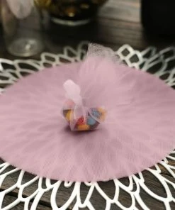 HIER_5220 25 Pack | 9" Pink Sheer Nylon Tulle Circles Favor Wrap Craft Fabric, DIY Candy Favor Wraps Tabletop Decor