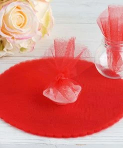 HIER_5220 Gift Favor Bags 25 Pack | 9" Red Sheer Nylon Tulle Scalloped Circles Favor Wrap Craft Fabric