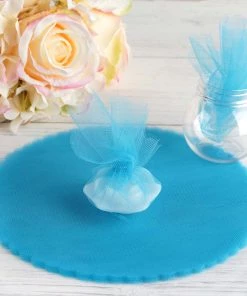 HIER_5220 Gift Favor Bags 25 Pack | 9" Turquoise Sheer Nylon Tulle Scalloped Circles Favor Wrap Craft Fabric