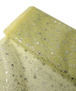 HIER_5210 54"x15 Yards Yellow Hot Foil Stamped Glitter Stars Sparkle Organza Fabric By The Yard Fabric Bolts & Bags