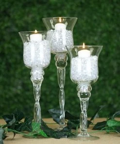 HIER_4810 Chargers & Centerpieces Set Of 3 | Hurricane Long Stem Glass Vase Candle Holder Set - 16"/14"/12"