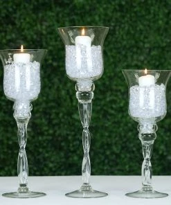 HIER_4810 Chargers & Centerpieces Set Of 3 | Hurricane Long Stem Glass Vase Candle Holder Set - 16"/14"/12"