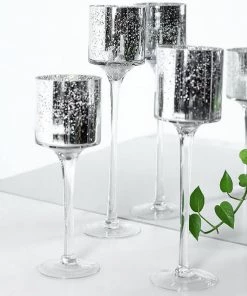 HIER_4810 Chargers & Centerpieces Set Of 3 | Silver Long Stem Speckled Mercury Glass Vase Candle Holder - Cylinder 12"|14"|16"