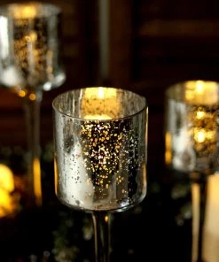 HIER_4810 Chargers & Centerpieces Set Of 3 | Silver Long Stem Speckled Mercury Glass Vase Candle Holder - Cylinder 12