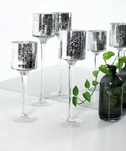 HIER_4810 Chargers & Centerpieces Set Of 3 | Silver Long Stem Speckled Mercury Glass Vase Candle Holder - Cylinder 12