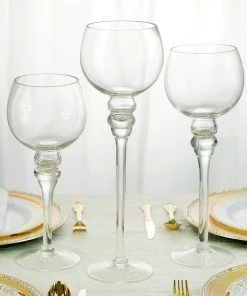 HIER_4810 Set Of 3 | Clear Long Stem Globe Glass Vase Candle Holder Set