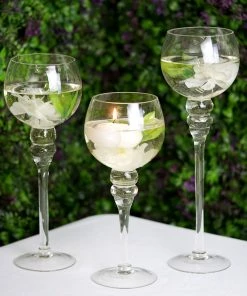HIER_4810 Set Of 3 | Clear Long Stem Globe Glass Vase Candle Holder Set