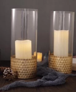 HIER_4810 2 Pack | 12" Glass Cylinder Vases With Gold Honeycomb Base | Glass Candle Holder Set Chargers & Centerpieces